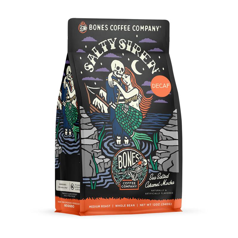 Bones Coffee Company Decaf Salty Siren, Sea Salted Caramel Mocha Flavor, Made with Arabica Coffee Beans, Ground and Whole Coffee (12oz) Beverage Roast