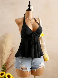 New Summer Style Soft Comfortable Womenswear Halter Top, Sexy Deep V Tie Back, Slim Fit Sleeveless Halter Top, Perfect for Vacation Wear