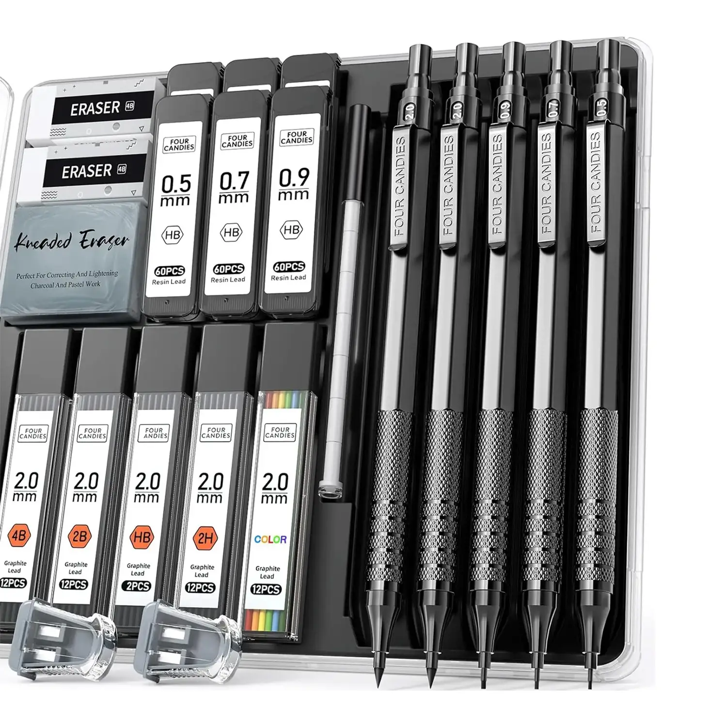 Four Candies Back to School 5PCS Metal Art Mechanical Pencil Set 3PCS Drafting Pencils 0.5 0.7 0.9MM & 2PCS 2MM with 420PCS Leads for Writing Sketchin