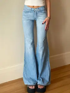 Women's Blue Straight Leg Jeans Pants, Fashionable Comfortable Wide Leg Denim Jeans, Perfect for Casual Wear and Daily Use