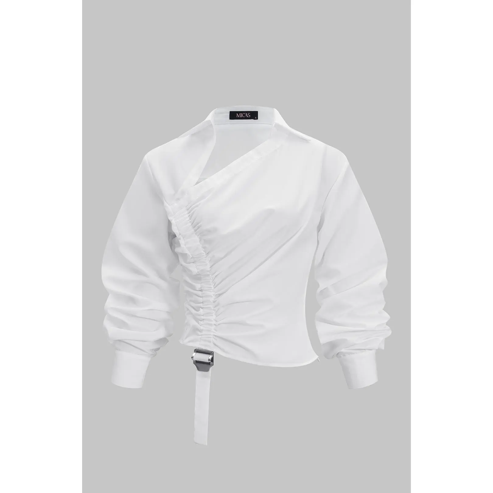 Women's Casual Long-Sleeve Fitted Blouse - Ruched Drawstring Solid Polyester Top, Stylish Shirt for Daily Wear, Blouses