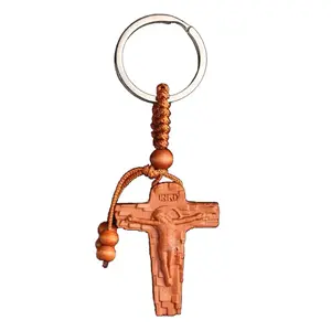 Jesus Cross Keychain Wooden Pendant Keyring Bag Charm Simple Car Christian Religious Decorations