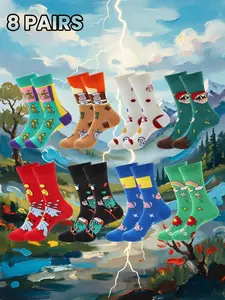 8 Pairs Cartoon Food Print Pattern Ankle Socks, Unisex, Bright Colors, Soft Breathable Material, Durable, Perfect for Daily Wear, Youth Fashion, Casual