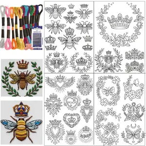 43Pcs Bee With Crown Water-Soluble Embroidery Patterns, Plant Pre-Printed Stabilizer Embroidery Stickers, Non-Woven Self-Stick Embroidery Stickers