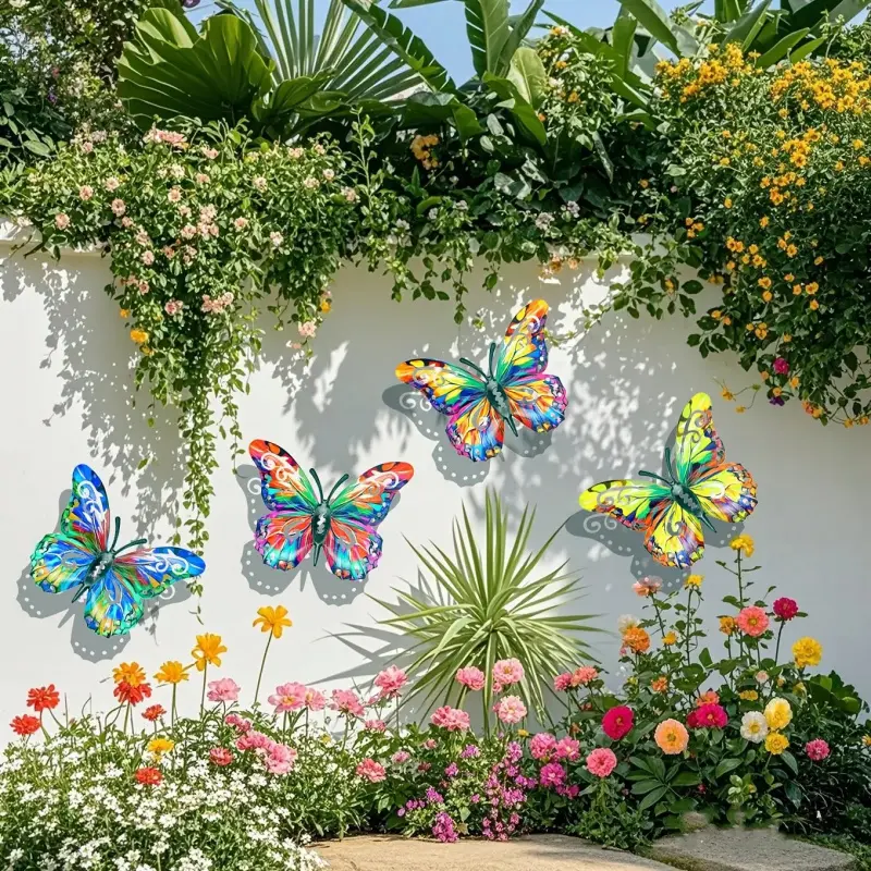 4-Piece Colorful Metal Butterfly Wall Art with Movable Wings, Metal Butterfly Statue Wall Decor for Home, Garden, Yard, Living Room, Bedroom, Terrace, Balcony: No Electricity Needed, Outdoor Fence Art Decoration, Ideal Gift for Family and Friends
