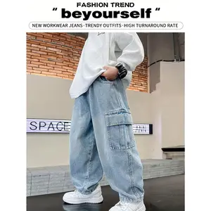 2025 New Harem Pants - Straight-Leg Work Pants with Elastic Waist Faux Denim Oversized Loose Fit Full-Length Pants Suitable for Skateboarding, Rollerblading, & Outdoor - Teen Casual Pants (Mid- Belt, Machine Washable)