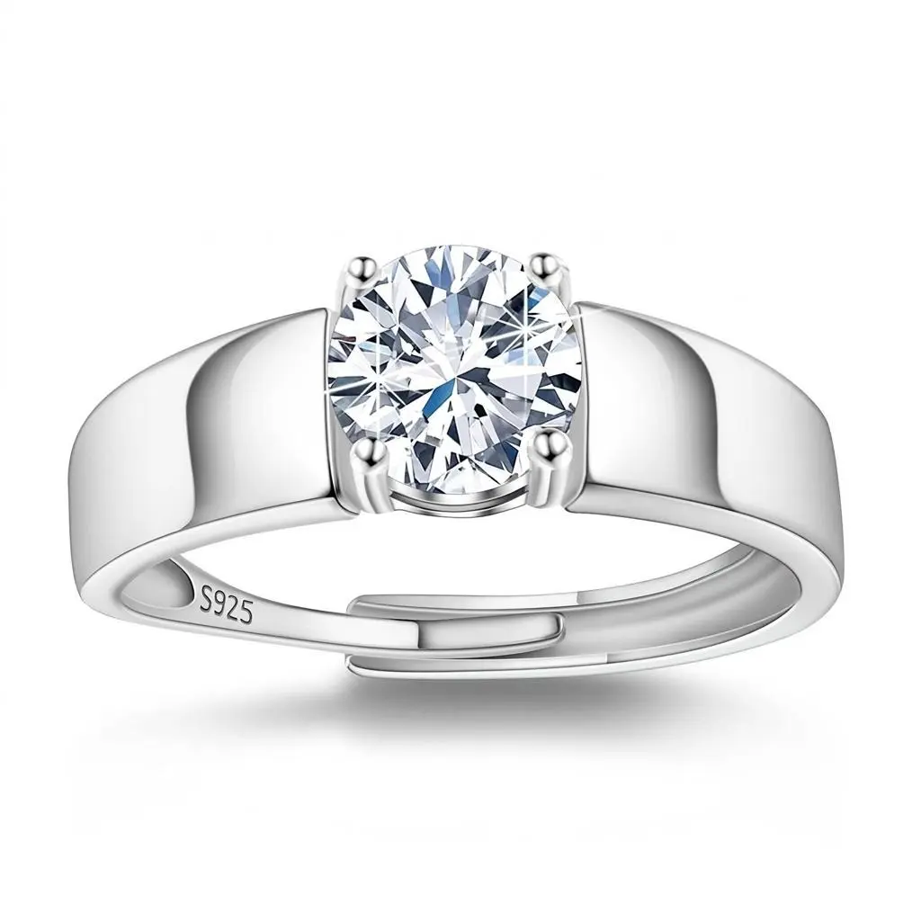 Women's Ring Adjustable 925 Sterling Silver Solitaire Ring, Classic Round Cubic Zirconia Band