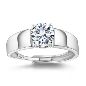Women's Ring Adjustable 925 Sterling Silver Solitaire Ring, Classic Round Cubic Zirconia Band