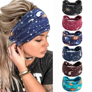 6pcs Adult Women Star Moon Pattern Wide Headband, Fashion Retro Elastic Non-Slip Hair Band, Boho Style All Seasons Accessory