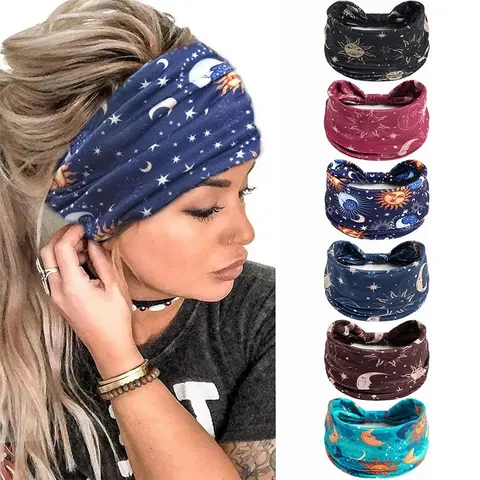 6pcs Adult Women Star Moon Pattern Wide Headband, Fashion Retro Elastic Non-Slip Hair Band, Boho Style All Seasons Accessory, Breathable Workout Hairband, Athletic Headbands, Boho Hair Accessories