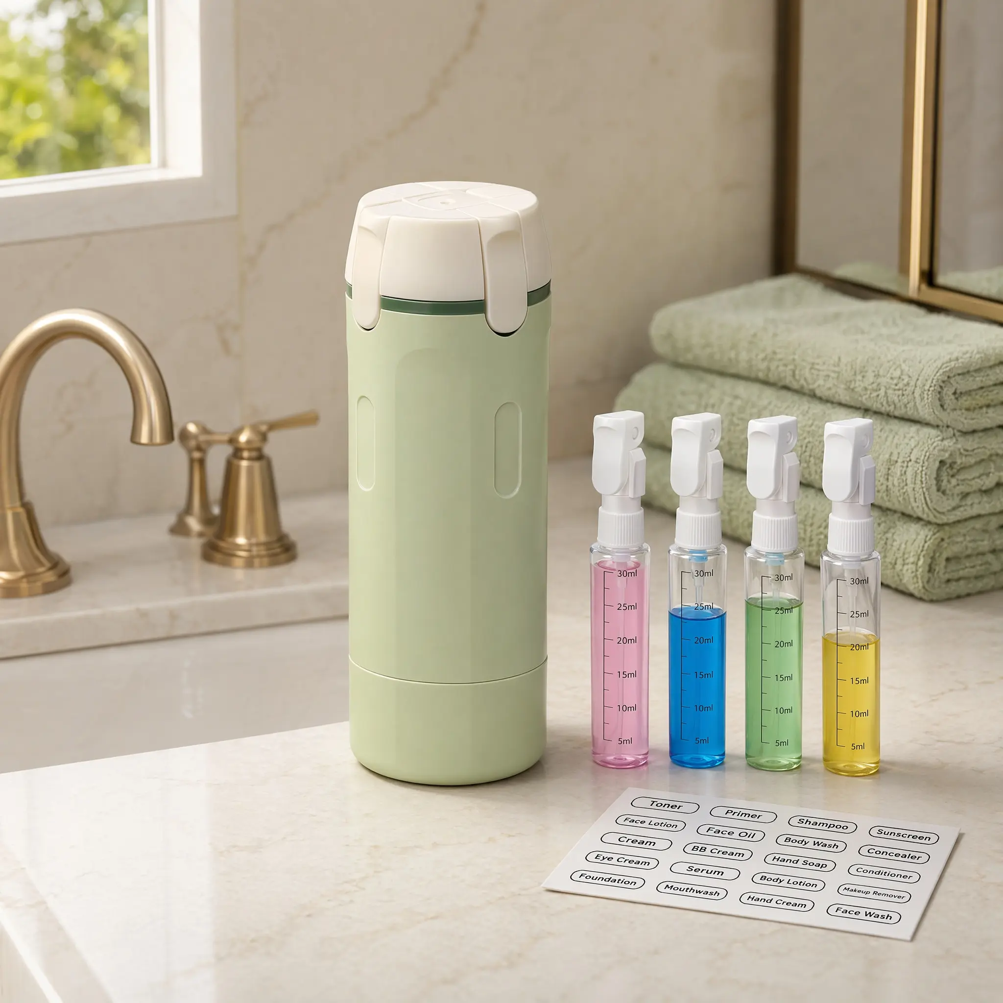 Home Supplies 4-in-1 Durable Plastic Travel Pump Dispenser Canister 30ML 4-Pack, Leak-Proof Flip-Top Cap Cosmetic Storage Bottles with Measurement Scale & Label Stickers for Bathroom Beauty Daily Toiletry Travel Stuff, Storage Bottles & Jars