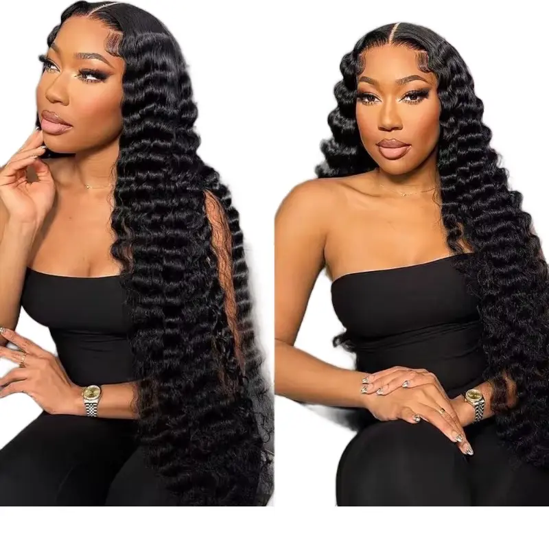 Women's Bling Deep Wave 13x4 HD Transparent Lace Frontal Human Hair Wig, Curly Hairpiece for Party & Summer Vibes