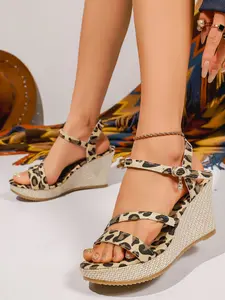 Boho Leopard Print Wedge Sandals for Women, One-Strap Thick Sole Shoes, Stylish and Comfortable Footwear for Everyday Wear