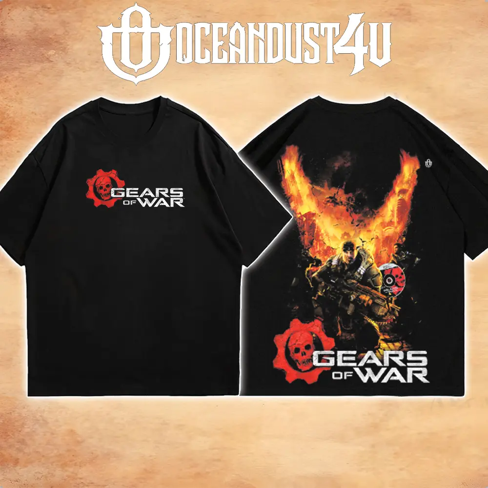 OceanMOB4U Gears of War Marcus Fenix Black T-Shirt, Front and Back Flame Graphic Gaming Tee, COG Skull Action Video Game Shirt, Unisex Gamer Gift