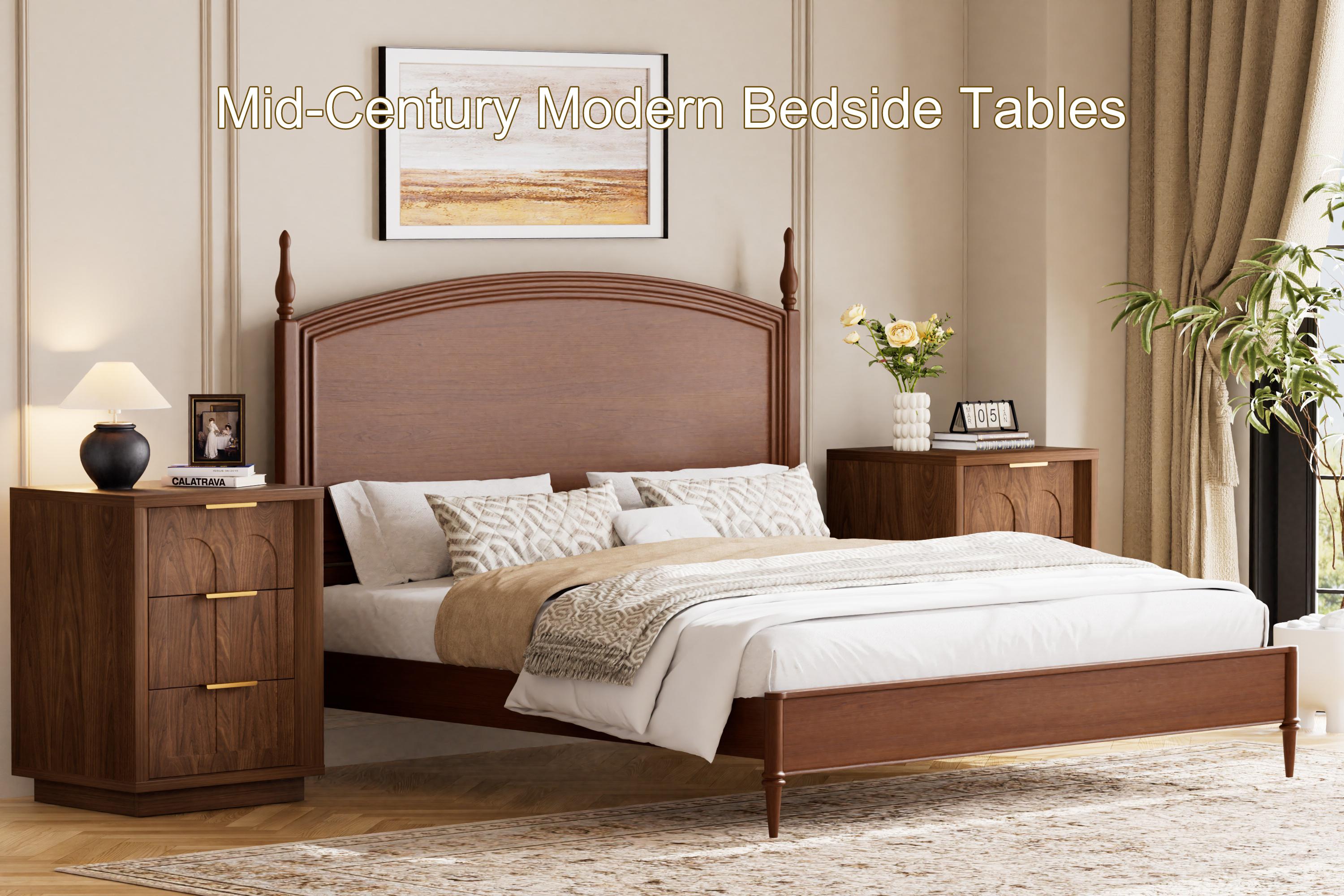 2-Pack Retro Nightstands, Mid-Century Modern 3-Drawer Bedside Tables with Gold Handles, Walnut Charger Station Cabinet, Sturdy Base Wood-Metal Indoor Bedroom Furniture 2-piece set