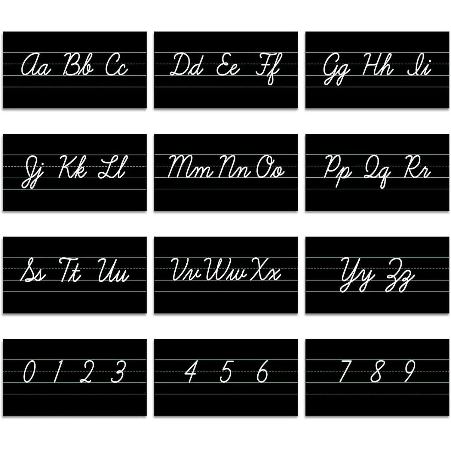 12-Count Groovy Cursive Letter Classroom Alphabet Bulletin Board Set - 11.81x6.3in, Includes ABC Posters, Numbers & 100 Glue Points, Wear-Resistant Home Decor for Primary Schools