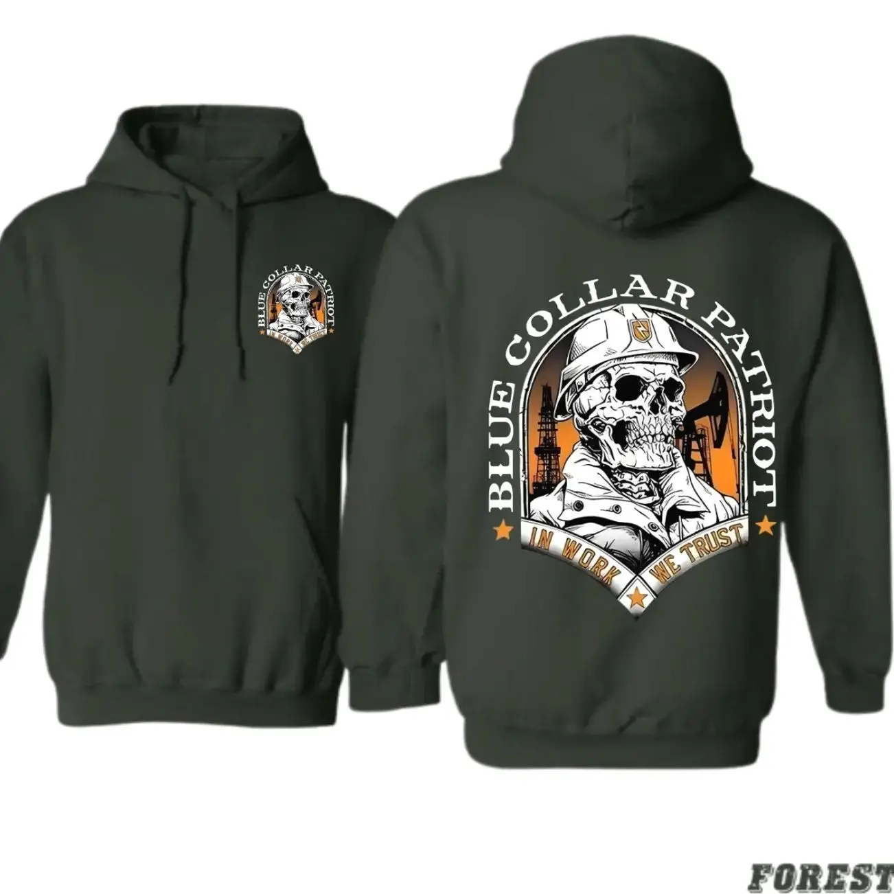 Patriotic Blue Collar Hoodie for Men – Skull Hard Hat Worker Design, Tough Workwear Sweatshirt for Oilfield, Construction & Mechanics, Bold Unisex Outdoor Apparel Menswear Tops