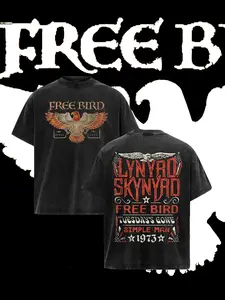 Unisex design, neutral style, retro Lynyrd Skynyrd “Free Bird” T-shirt, double-sided, Graphic, vintage music, street style, cotton wash-and-wear distressed vintage print T-shirt for rock music enthusiasts