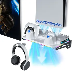 Universal Wall Mount Stand for Ps5/slim/pro, Integrated Cooling Fan, RGB Lights, Dual Handgrips Fast Charging, Headphone Holder