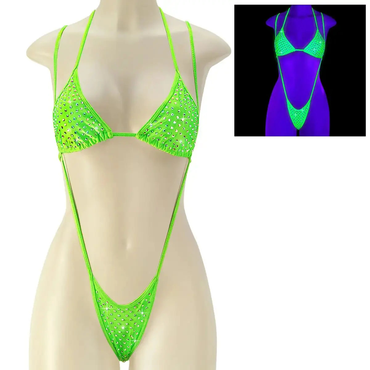 Pleaser Bella-01RS Women's Rhinestone Two-Piece Dance Set Neon Green