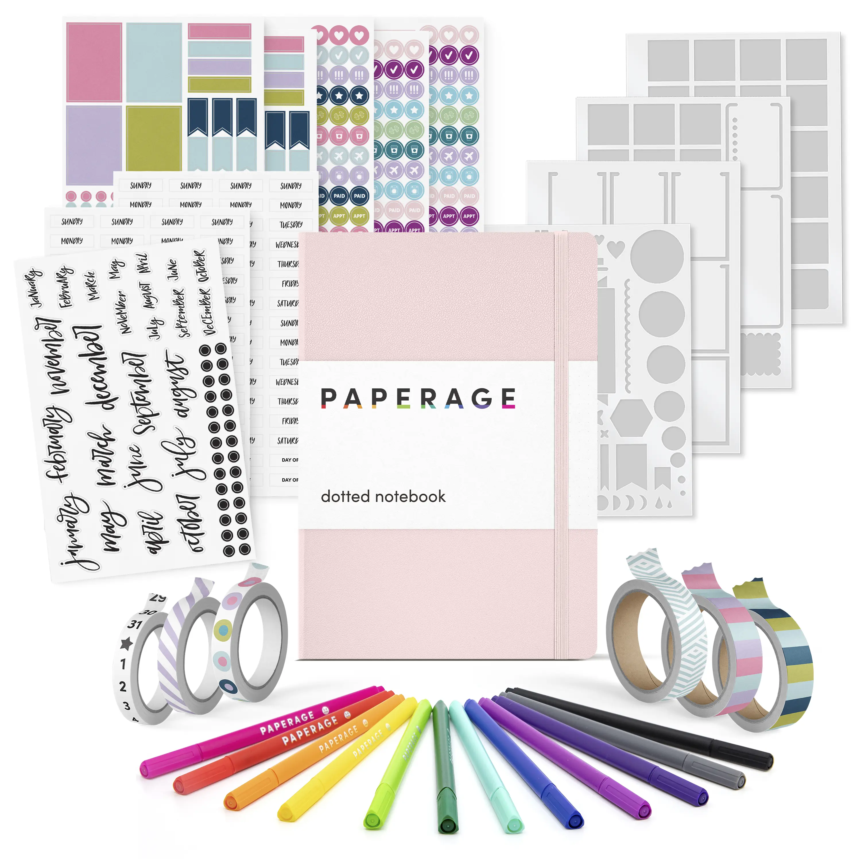 PAPERAGE Journaling & Scrapbooking Kit, With Dotted Notebook, Fineliner Pens, Stickers, Stencil Sheets & Washi Tapes