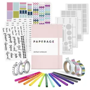 PAPERAGE Journaling & Scrapbooking Kit, With Dotted Notebook, Fineliner Pens, Stickers, Stencil Sheets & Washi Tapes