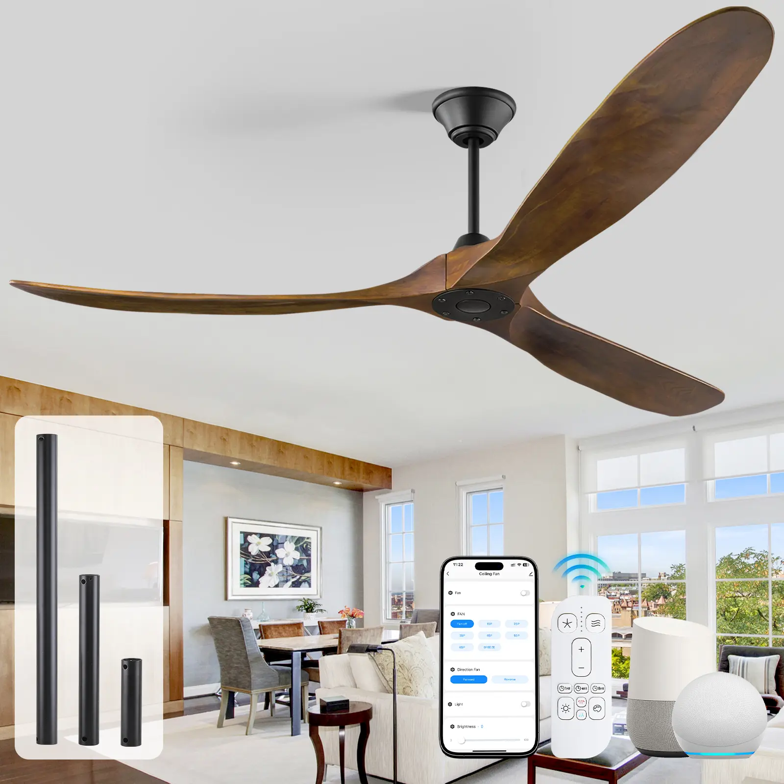 52/60/70-in Farmhouse Ceiling Fan with Remote, 3 Wood Blades, 6-Speed Quiet Reversible DC Motor, Rustic Design for Covered Patio, Sunroom