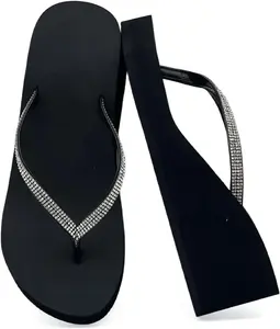 Women's Platform Wedge Flip Flops-Yoga Mat Cushion Lightweight Arch Support Summer Beach Sandals with Glitter Diamond Strap