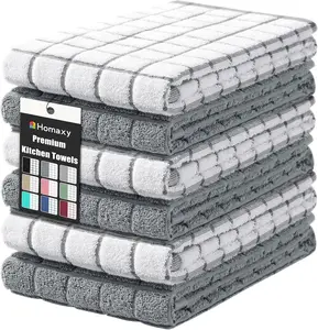 Homaxy Premium Cotton 16"x28" Large 390 GSM Ring-Spun Natural Terry Cloths, Super Absorbent Soft Hanging Loop Option, Grey Check Design for Dishes & Hands, 6-Pack