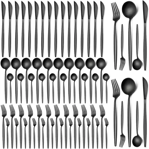 18/0 Stainless Steel Round Tableware Set - 60-Piece Cutlery Kit for 12 (Above 11 People), Chrome Finish, Chip Resistant, Modern, Sturdy Dishwasher-Safe Knife Fork Spoon Set for Home, Restaurant