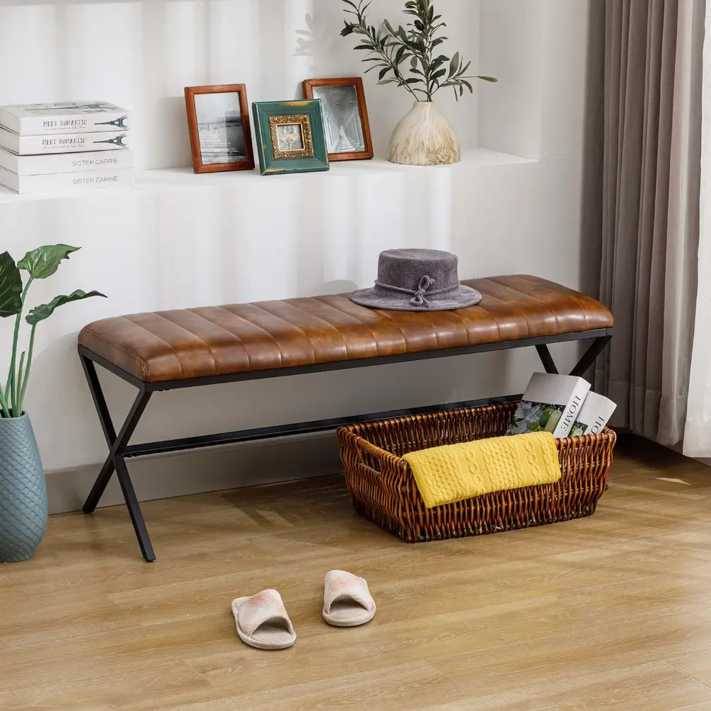 End of Bed Bench,Modern Entryway Bench Faux Leather Upholstered Dining Bench,Vanity Bench with Metal X Legs, Leather Tufted Bedroom Bench for Makeup Room, Living Room, Bathroom,Yellowish Brown