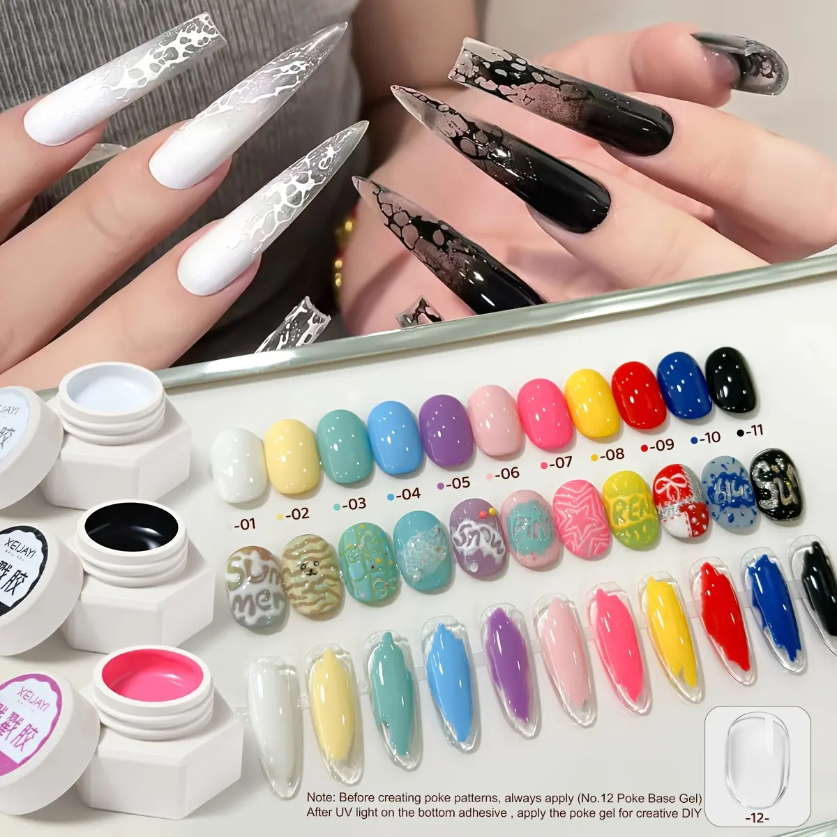 XEIJAYI Hexagonal Nail Tips & Press-On Glue, 12-Colors — Transparent Builder Base Gel for Shaping and Outlining, Ideal for Creative DIY Gel Art and Salon Manicure, Perfect for Women and Girls’ DIY Nail Design, a Favorite Choice for Nail Enthusiasts