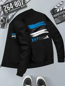 Simple Estonia Letter Flag Print Windproof Baseball Jacket, Casual Fitted Long Sleeve Outerwear for All Seasons, No Padding Design