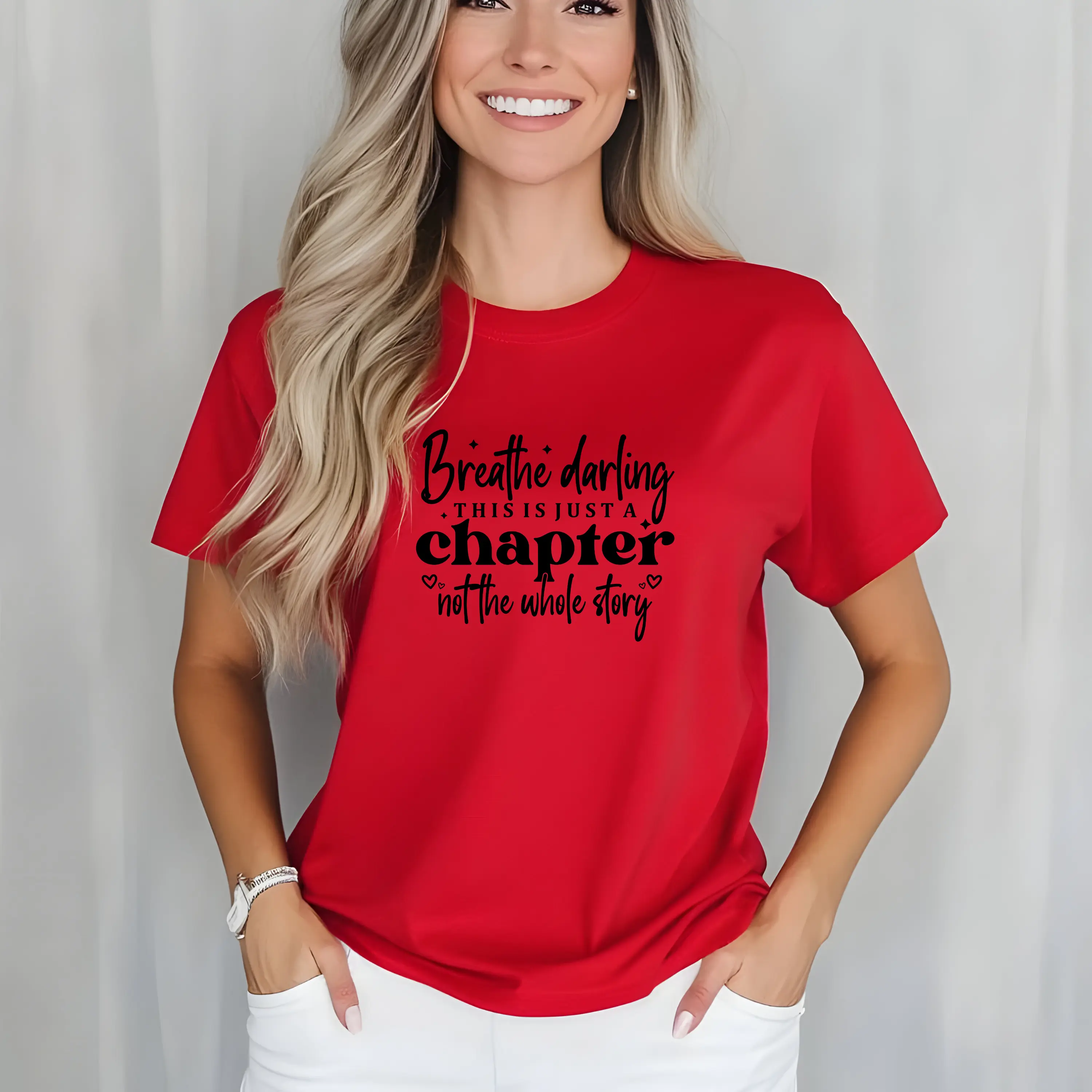 Women's Soft Printed Round Neck Apparel - Motivational Quote T-Shirt, Casual Top, Breathe Darling Shirt or Sweatshirt - Just a Chapter Not Whole Story Black Check Chocolate Everyday Streetwear Summer Cotton Crewneck, Unisex, Short Sleeves Tee Womenswear F