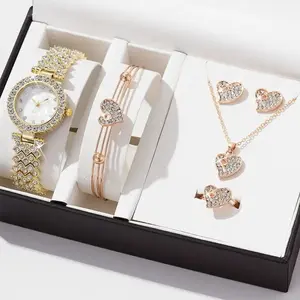 Luxury Diamond Quartz Watch + Fashionable Diamond Necklace Earrings Set - 6pcs Watches Set for Women & girls Gifts