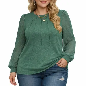 Womens Plus Size Tops Dressy Swiss Dotted Puffy Sheer Long Sleeve Blouses Casual Crewneck T Shirts Loose Tunics 1X-5X