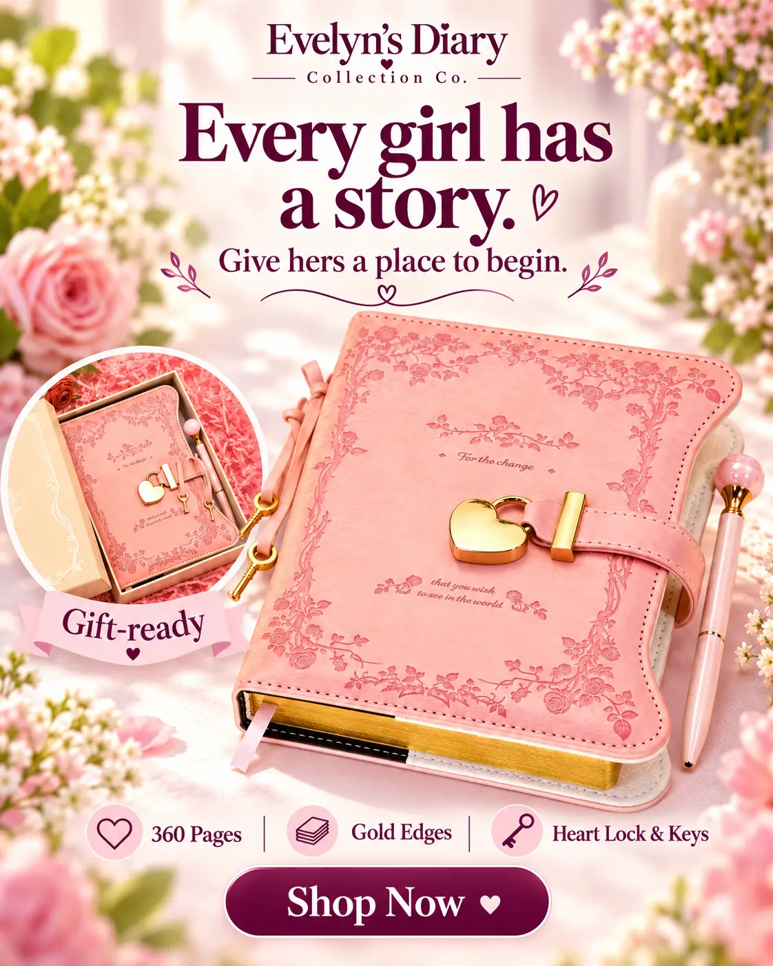 Evelyn’s Diary Lock & Key Gift Set - Garden Pink B6 Hardcover Notebook with 360 Pages, Golden Edges, Pen Bookmark, Heart Lock Design for Girls, Teens, Young Women