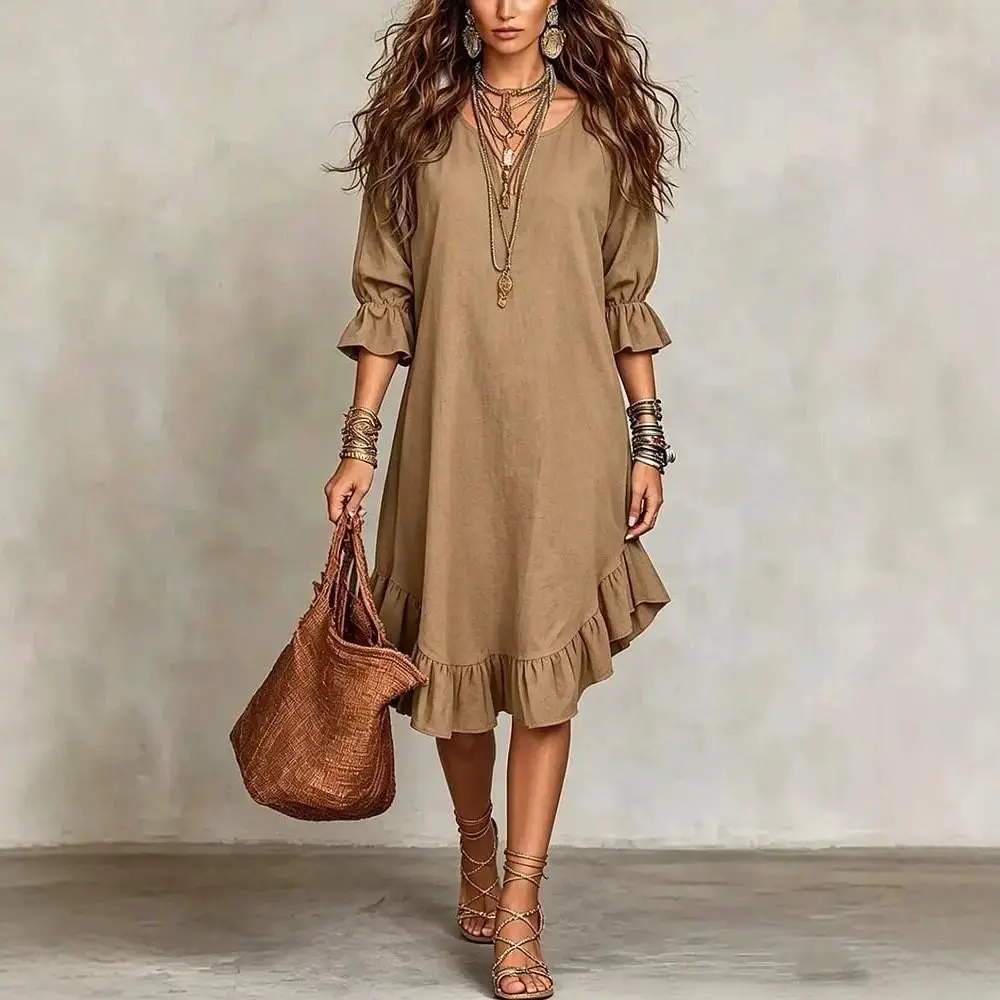 Women's Boho Chic Solid Color Cropped Sleeve Mid-Length Dress - Loose Fit, Slimming, Spliced Back, Retro Casual, Dry Clean Casual Dress for Summer Vacation Casual Boho Fashion Boho Summer Outfit