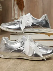 New Women's Shiny Ribbon Training Shoes, Walking Shoes, Metal Texture Casual Sneakers, Ballet Style Sports Shoes, Multiple Colors Available