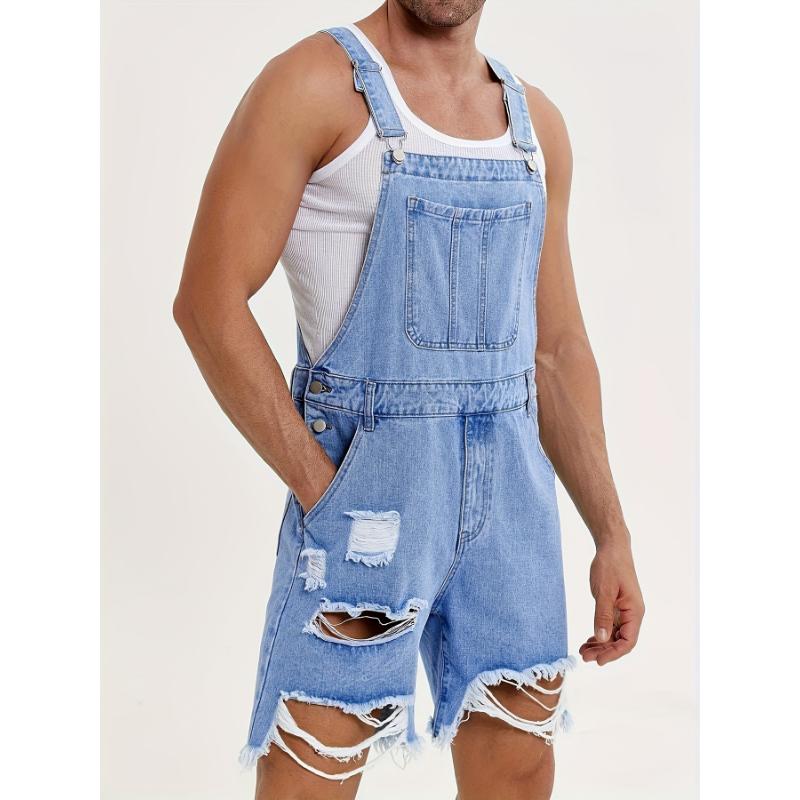 Mens Loose Fit Denim Romper Shorts - Stylish Bib Overall Design, Casual Walkshorts with Button Pockets, Comfortable Summer Jumpsuit for Outdoor Activities Perfect Vacation, Beach, or Daily Wear Cotton Menswear