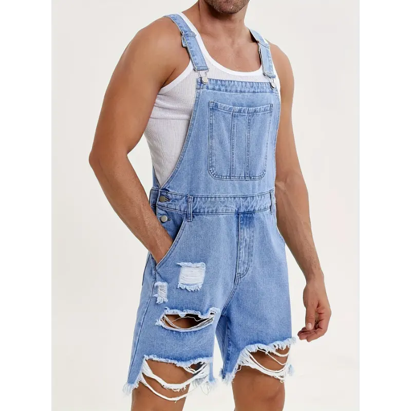 Mens Loose Fit Denim Romper Shorts - Stylish Bib Overall Design, Casual Walkshorts with Button Pockets, Comfortable Summer Jumpsuit for Outdoor Activities Perfect Vacation, Beach, or Daily Wear Cotton Menswear