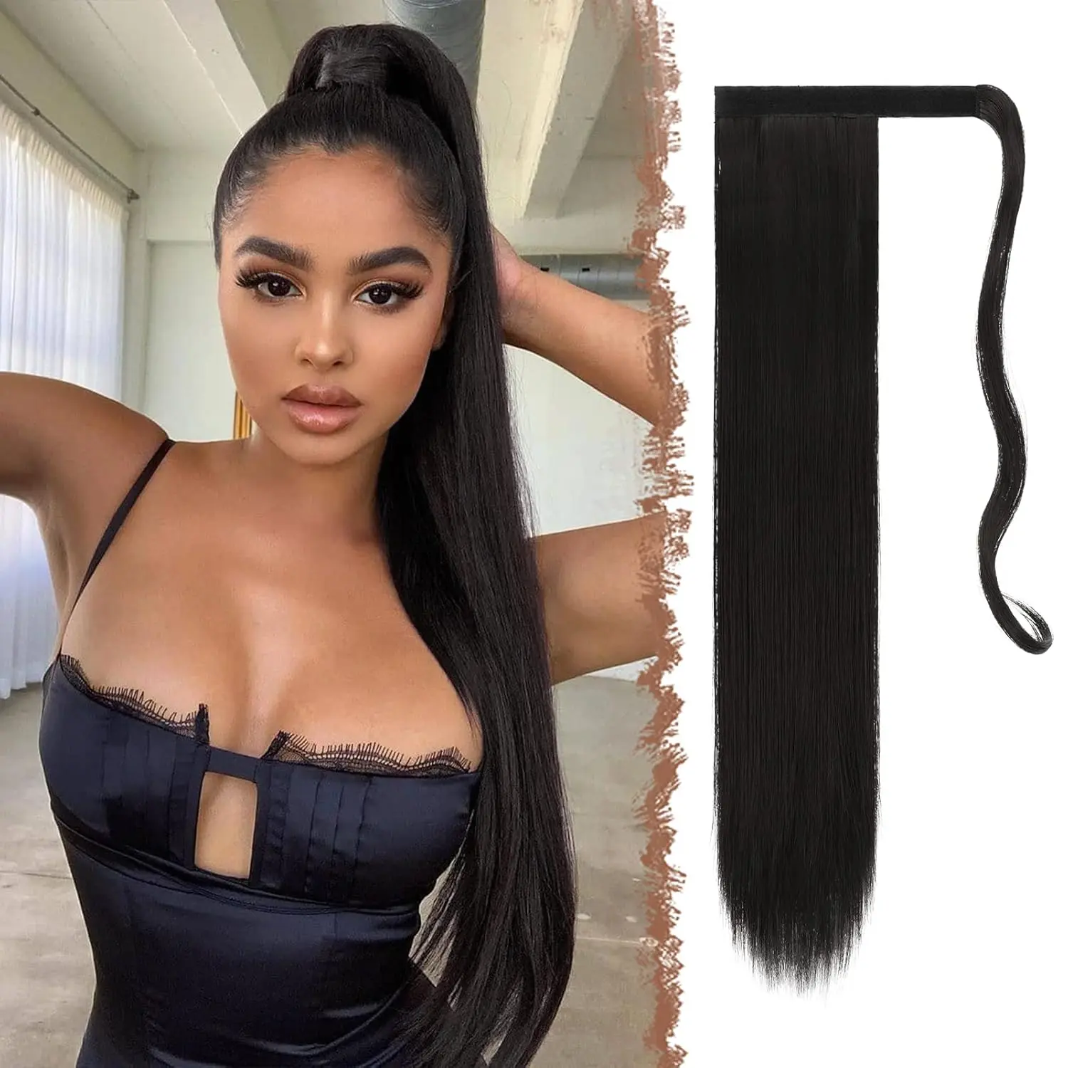 Straight Ponytail Extensions - 26 Inch Long Wrap Around Synthetic Natural Black Ponytails Hair Piece Pony Tail Hair Extensions Hairpieces