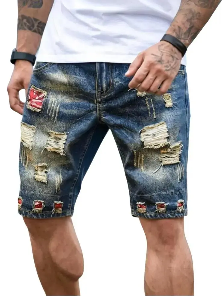 Summer men’s plus-size non-stretch mid-thigh denim shorts — retro trendy distressed look with color blocking and patch appliqués; ultra-large straight cut; stylish bright patches; commuter-friendly, height-enhancing and slimming fit; ideal for beach vacat