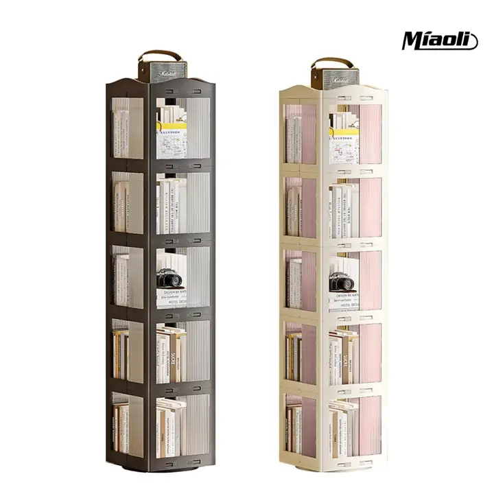 Flycit Multi-Tiered (3-5 Tier) Stable Round Rotatable Bookcase Tower, 360° Display Floor-Standing Corner Rack, Wooden Desk with Storage, Wall-Mounted Plastic Shelf, Racks, 360° Presentation