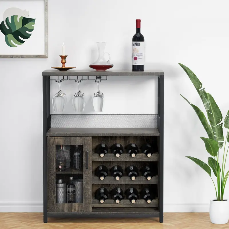 3-Tier Dark Wood Wine Bar Cabinet - Durable Indoor Cupboard, Detachable Wine Bottle Rack, Glass Holder, Ventilated Mesh Door, Shelves, Storage Solutions for Kitchen, Living Room