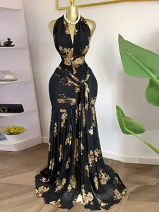 PULKRITU Elegant Women's V Neck Backless Printed Sleeveless Ruffle Long Dress, Elegant Formal Dress, Fall Winter Wear, Sexy Vacation Party Evening Gown