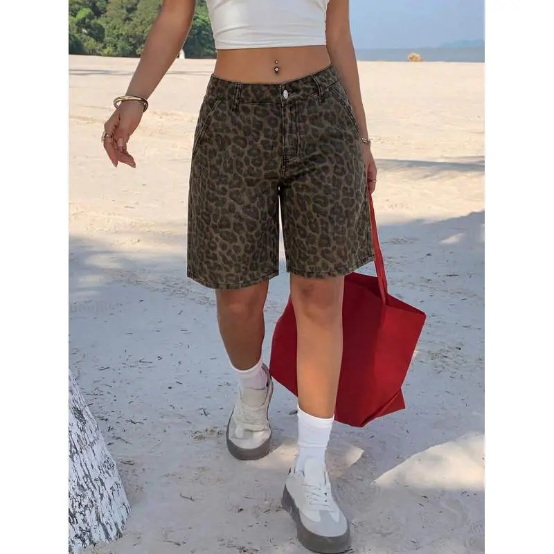 Women's Leopard Print Slant Pocket Casual Wide Leg Denim Shorts Jorts Bermuda Shorts