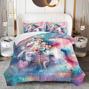 3pcs Unicorn Floral Comforter Set, Fantasy Duvet Set for Girls and Adults Bedroom or Guest Room Decor, Lightweight Soft All Seasons Comforter Machine Washable Microfiber Quilt with 2 Pillowcases , Gifts for the Family