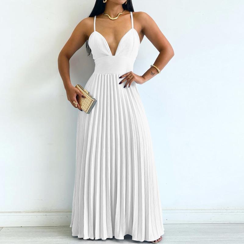 ChicMe Women's Bandeau Sleeveless Valentine's Day Pleated Dress/Elegant Pleated Maxi Dress Elegant Flowy Wedding Guest A Line Maxi Wedding Dress