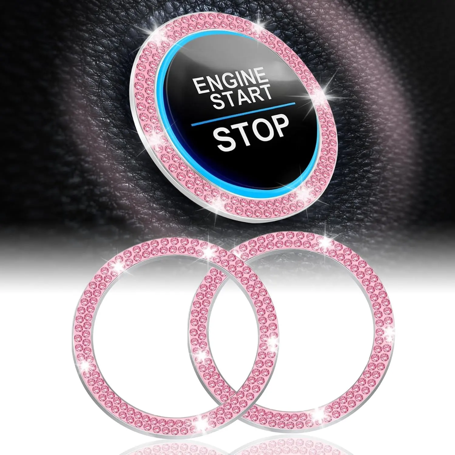 2 PCS Pink Crystal Double Rhinestone Car Engine Start Stop Decoration Ring, Bling Car Interior Accessories for Women, Push to Start Button Cover Sticker, Automotive Decals, Girly Car Accessories Cute, Aesthetic Car Accessory